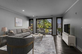 A modern living room with a grey sofa and a grey rug.